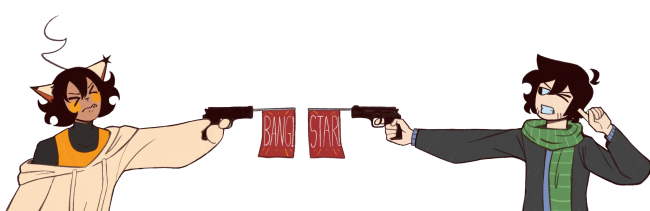 a catthing and a guy holding two fake guns at each other